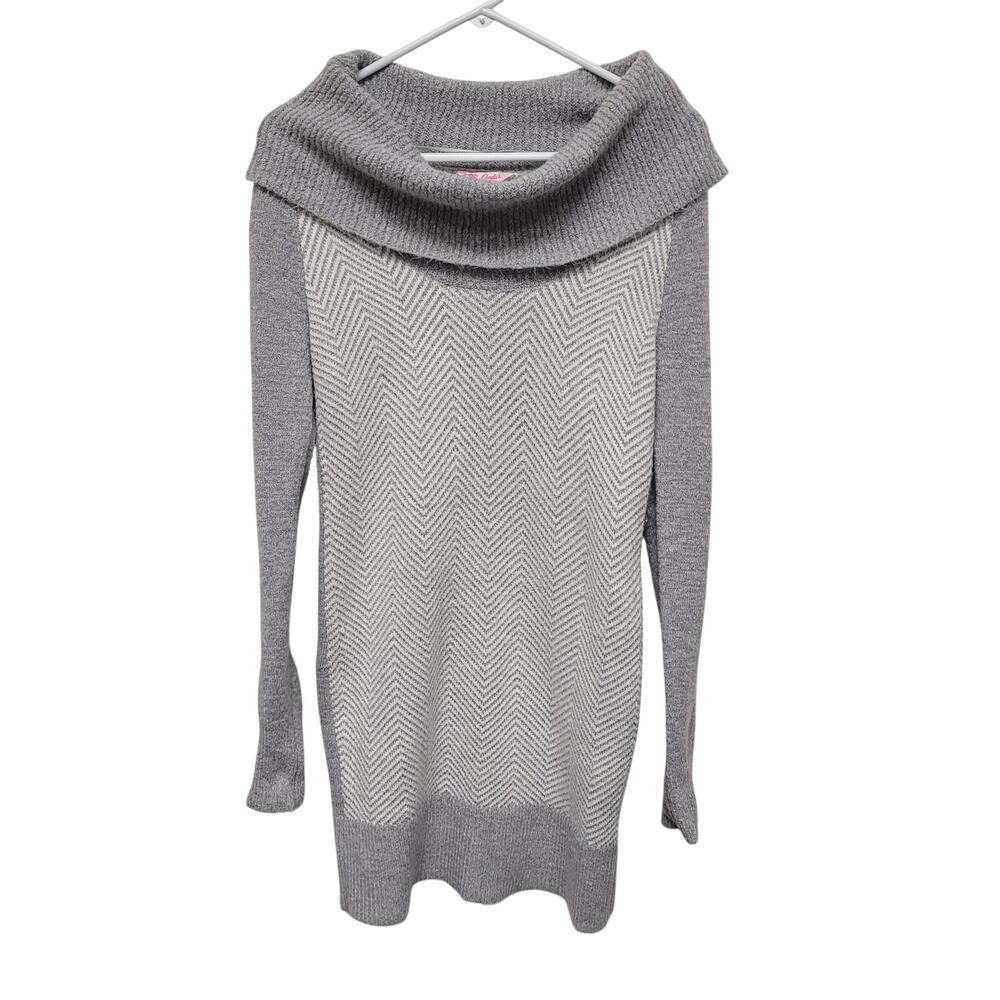 Candie's Gray Cowl Neck Sweater Dress M Chevron Knit Tunic Y2K Cozy Fall Winter